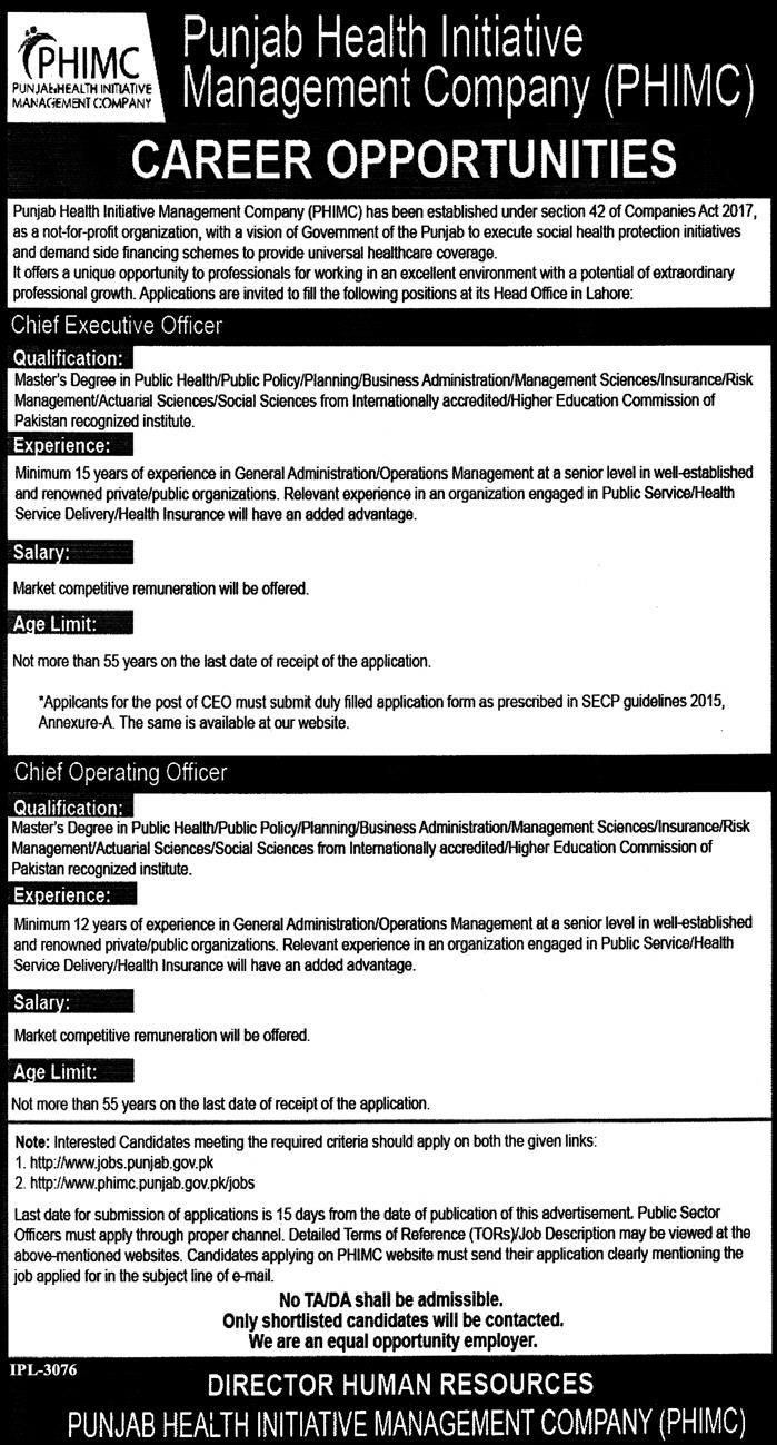 PHIMC Jobs 2019 for Management / Chief Operator Officer and CEO Posts