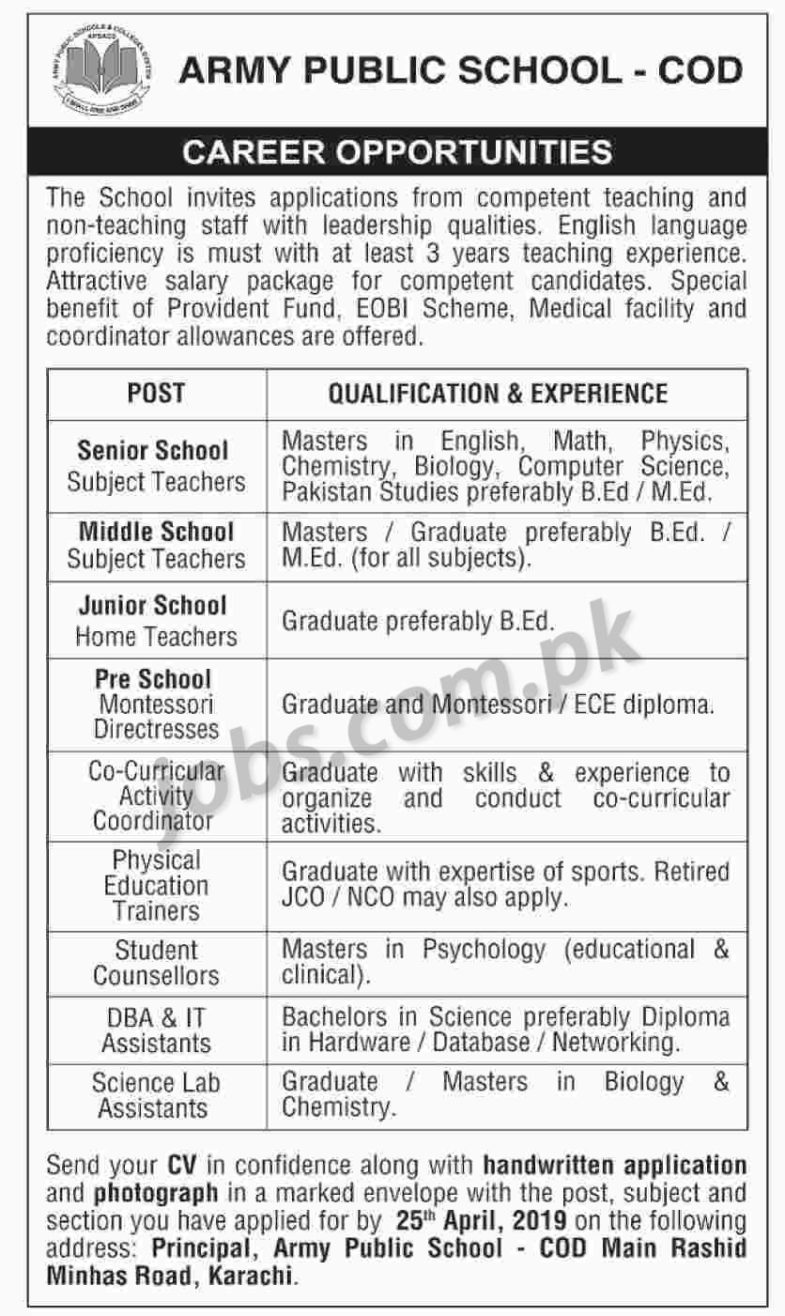 Army Public School / COD Jobs 2019 for Teachers (Jr/Middle/Sr), IT, Admin, Counselors, Trainers & Other Posts (Karachi)