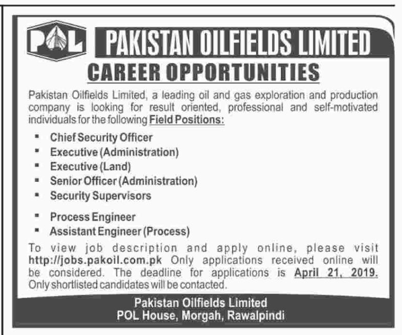 Pakistan Oilfields Limited (POL) Jobs 2019 for Engineering, Supervisors, Admin, Executives & Other Posts