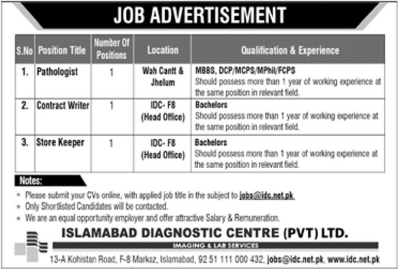 Islamabad Diagnostic Center (PVT) Ltd Jobs 2019 for Pathologist, Contract Writer & Store Keeper (Multiple Cities)