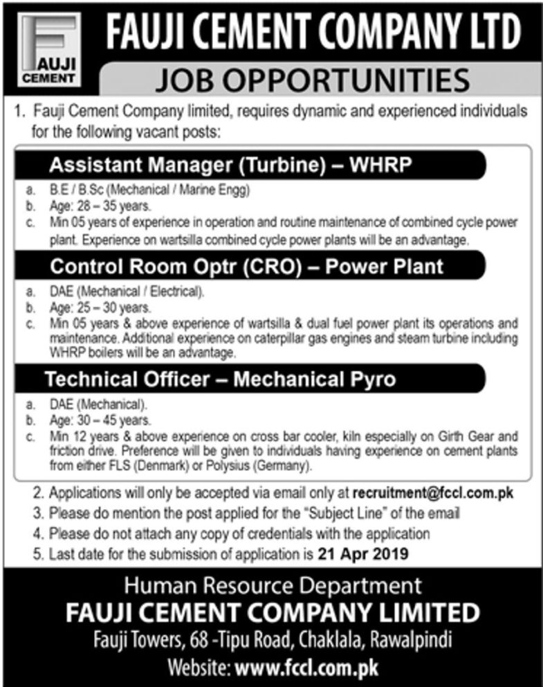 Fauji Cement Company Ltd Jobs 2019 for Assistant Manager, BE/BSc/DAE, Control Room Optr & Technical Officer