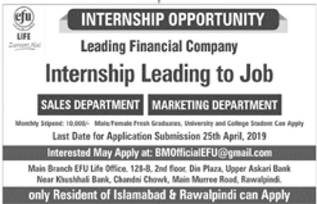 EFU Internship 2019 for Sales & Marketing Department