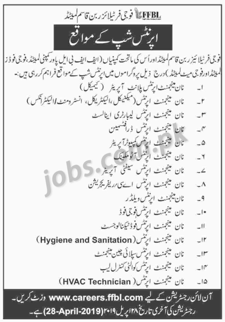 Fauji Fertilizer Bin Qasim Ltd (FFBL) Apprenticeship Program 2019 (Multiple Trades)