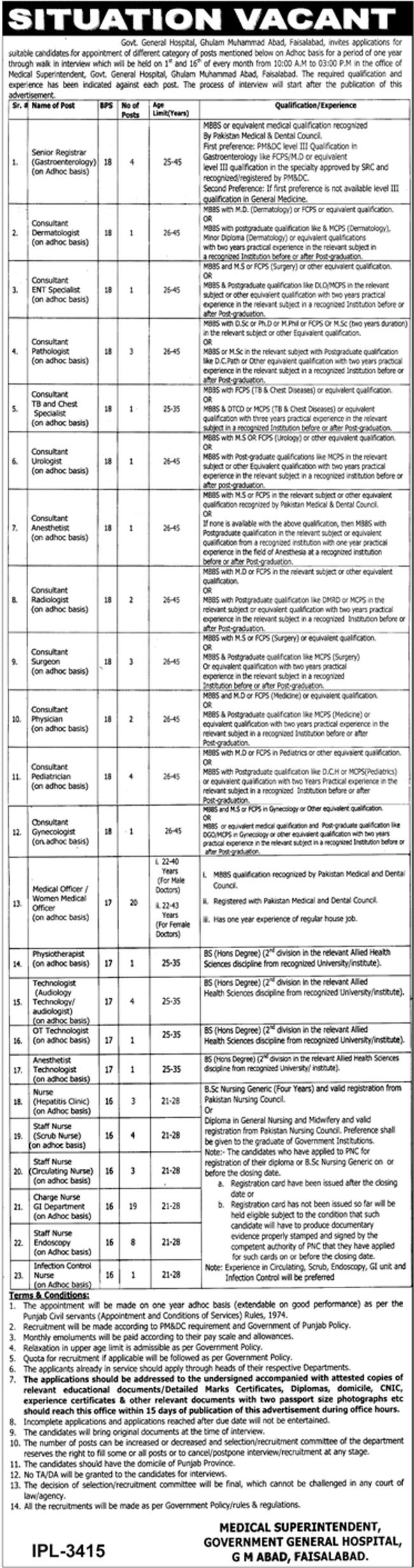 Govt General Hospital Muhammad Abad Faisalabad Jobs 2019 for 89+ Staff Nurses, Medical Officers and Other Healthcare Posts