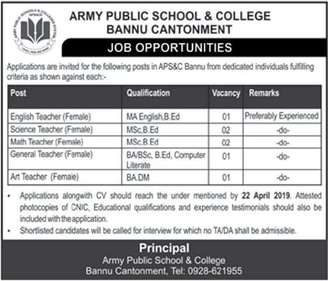 Army Public School & College Bannu Jobs 2019 for 7+ Teaching Staff