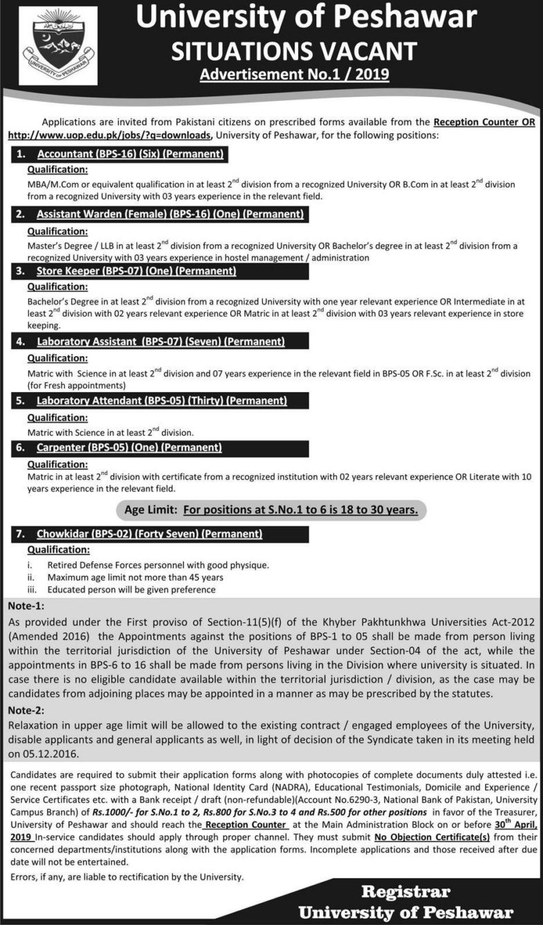 University of Peshawar Jobs 1/2019 for 93+ Accounts, Warden, Store Keeper, Lab & Support Staff