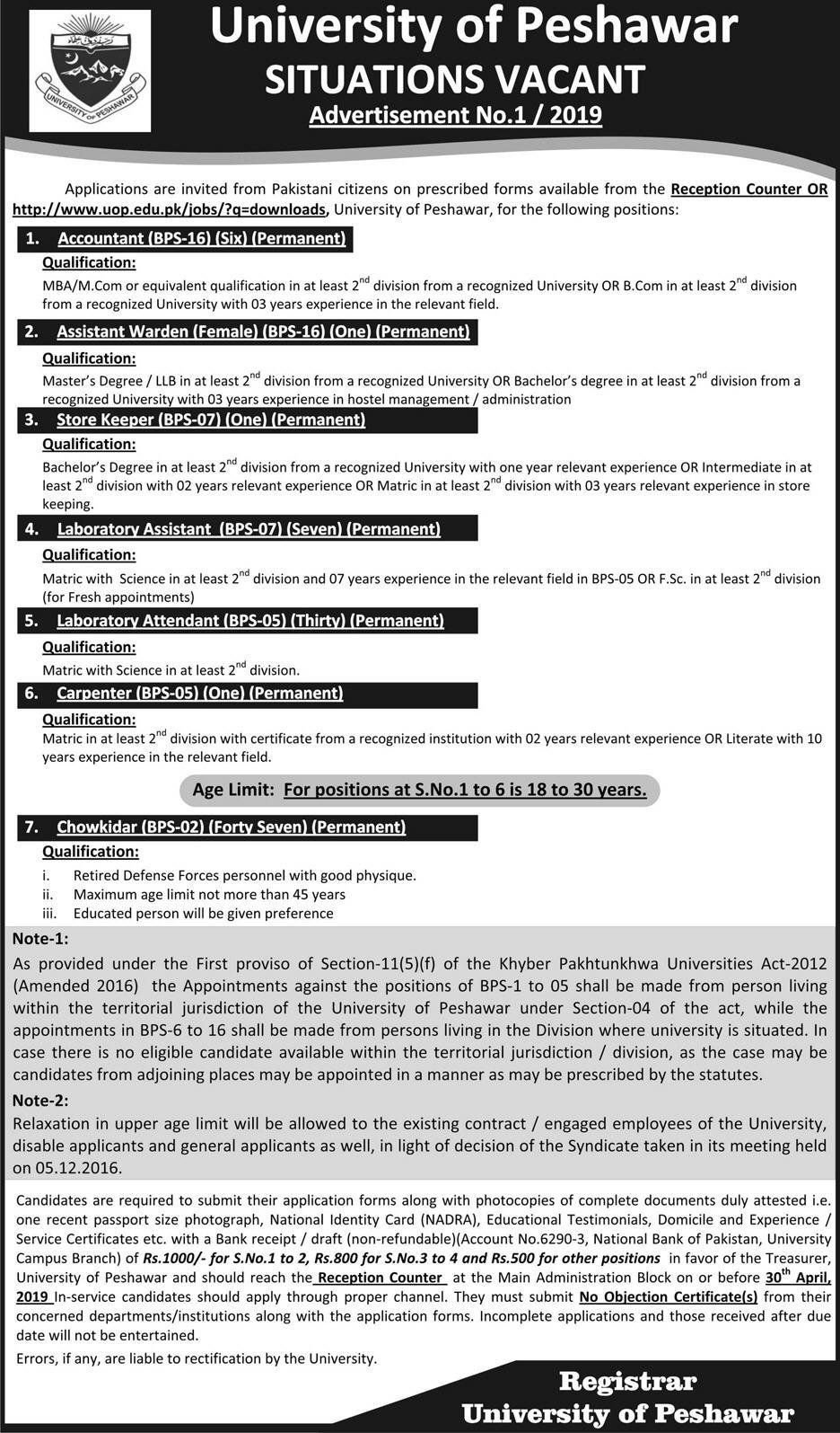 University of Peshawar Jobs 1/2019 for 93+ Accounts, Warden, Store Keeper, Lab & Support Staff