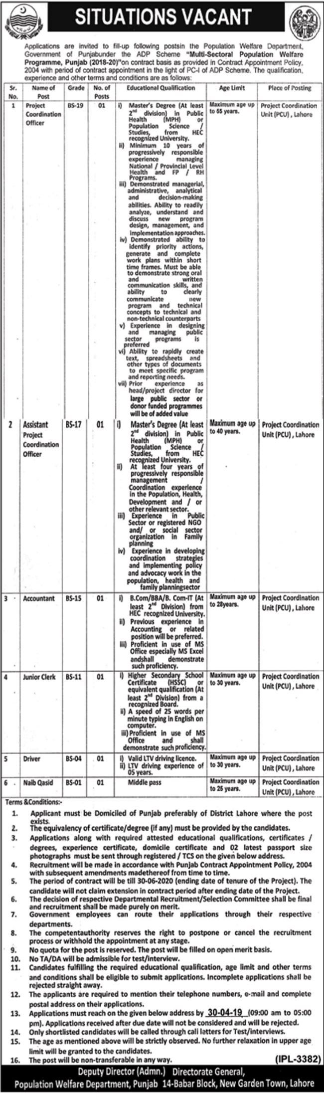 Population Welfare Department Punjab Jobs 2019 for 6+ Jr Clerk, Accountant, Coordination Officers & Other Posts