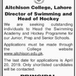 Aitchison College Lahore Jobs 2019 for Director of Swimming and Head of Hockey