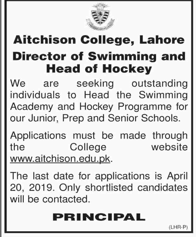 Aitchison College Lahore Jobs 2019 for Director of Swimming and Head of Hockey