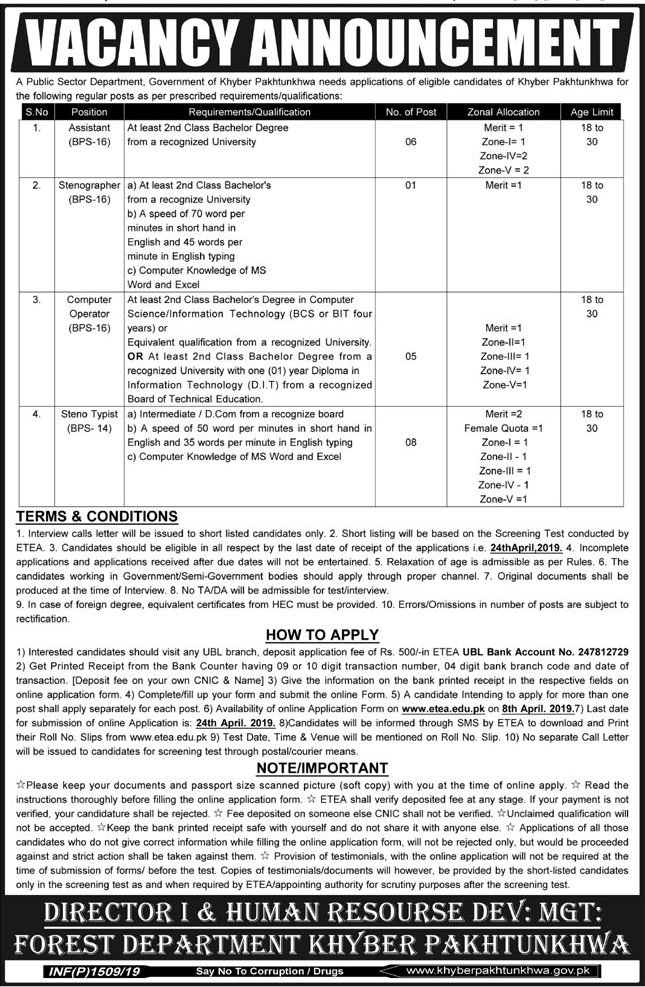 Forest Department KP Jobs 2019 for 20+ Assistants, Stenographer, Computer Operators and Stenotypists