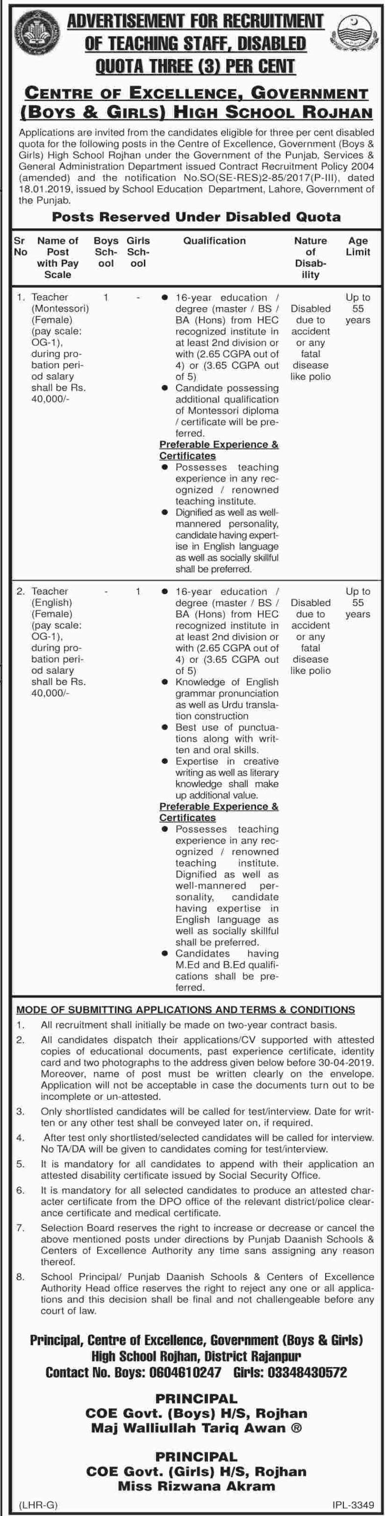Centre of Excellent Govt High School Rajanpur Jobs 2019 for Teachers