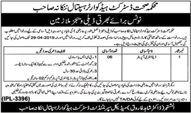 District Headquarter Hospital Nankana Sahib Jobs 2019 for 6+ Data Entry Operators