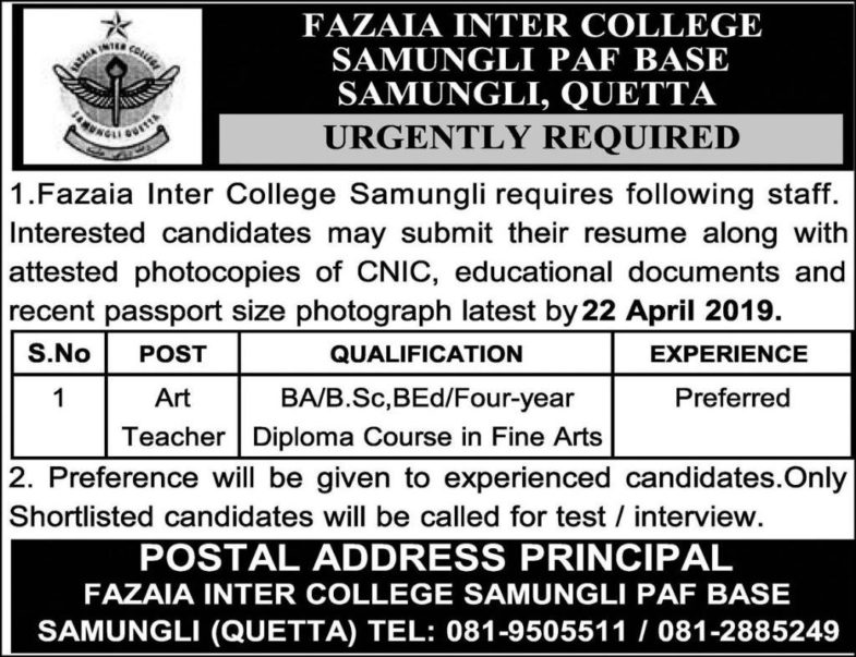 Fazaia Inter College Quetta Jobs 2019 for Art Teacher