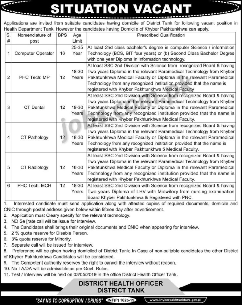 District Health Department Tank Jobs 2019 for Computer Operator and Medical Posts