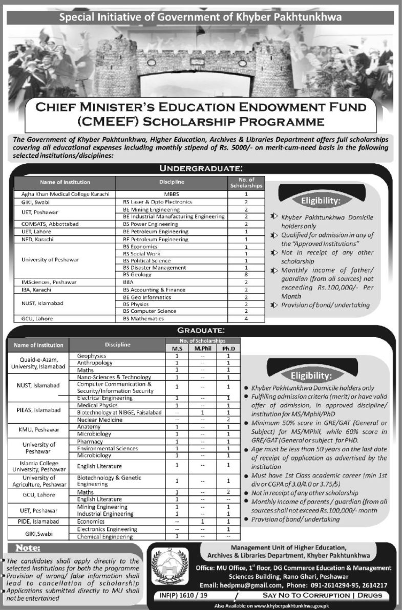 CM Education Endowment Fund (CMEEF) Scholarship Program 2019 (Khyber Pakhtunkhwa)