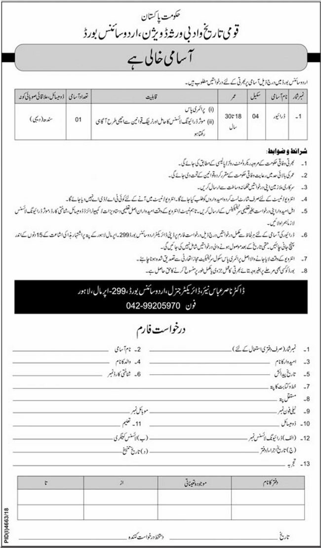 National History & Literary Heritage Division Pakistan Jobs 2019 for Driver Posts