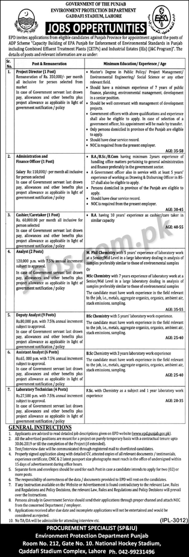 Environment Protection Department Punjab Jobs 2019 for 23+ Admin, Finance, Cashiers, Caretaker, Analysts & Other Posts