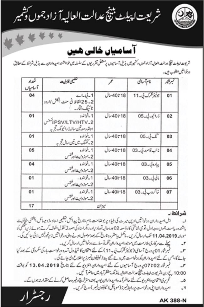 AJK High Court Jobs 2019 for 17+ Junior Clerks and Support Staff