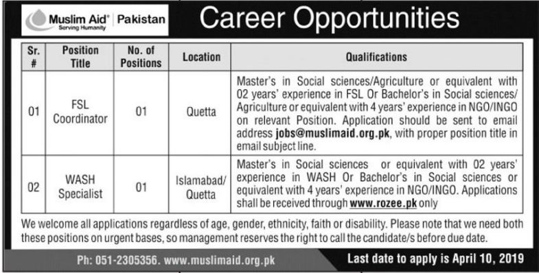 Muslim Aid Pakistan Jobs 2019 for FSL Coordinator and WASH Specialist