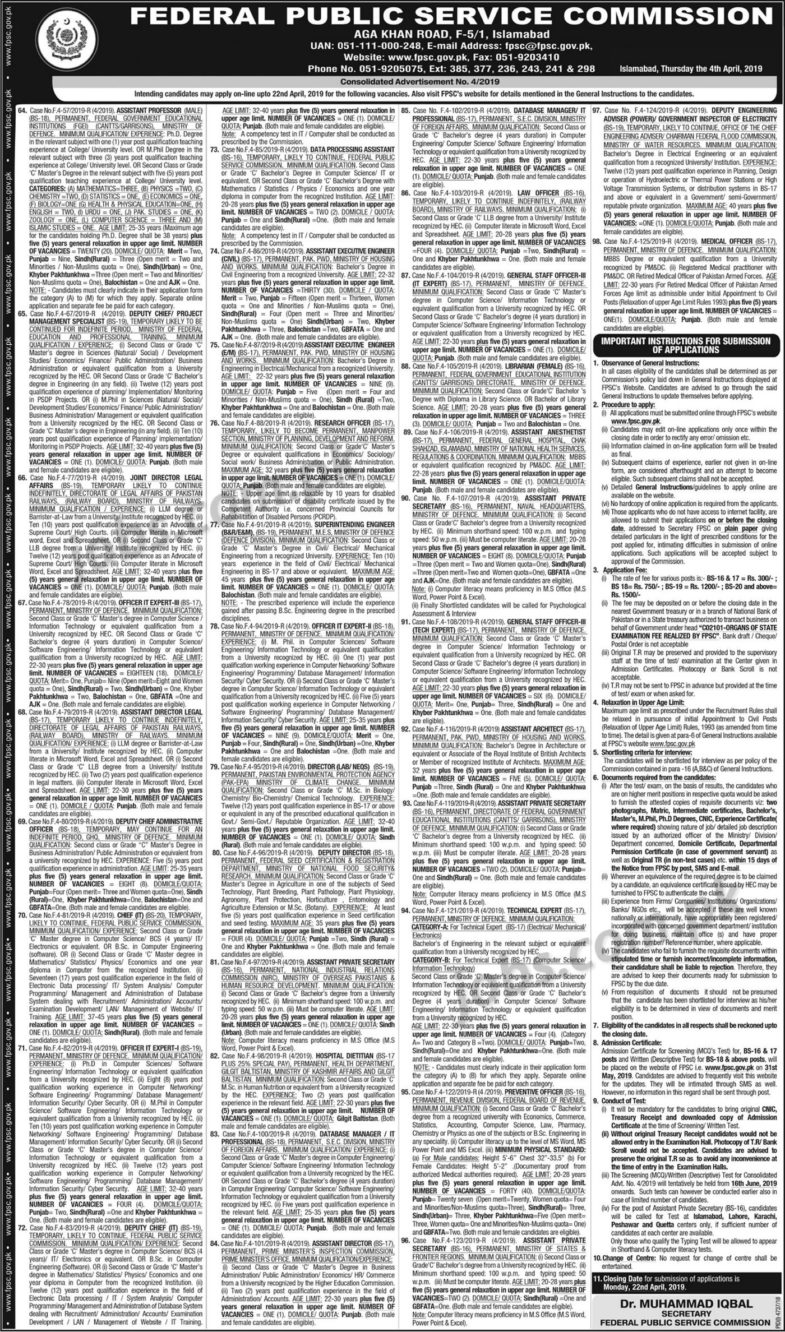 FPSC Jobs (4/2019): 195+ Posts in Federal Govt Departments