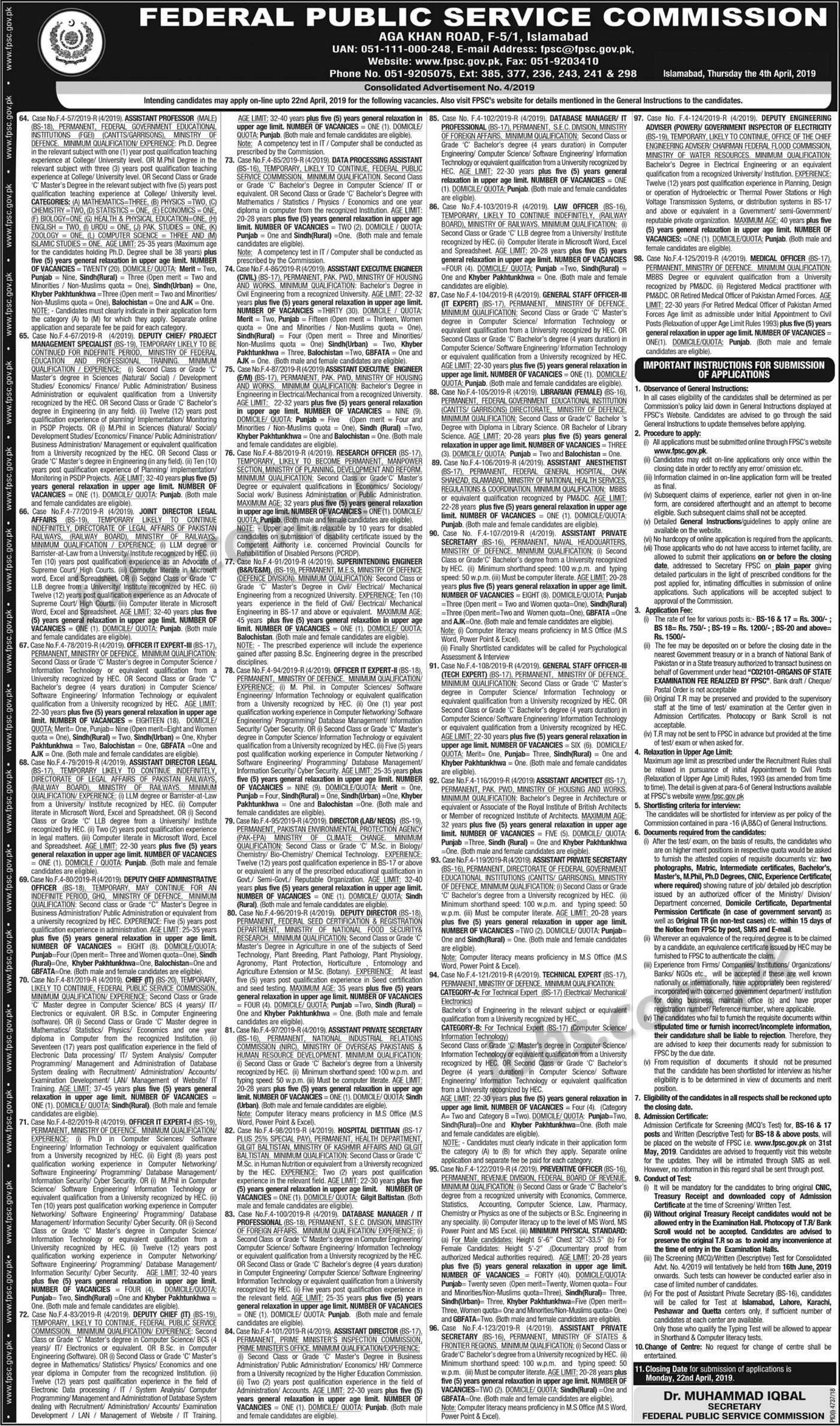 FPSC Jobs (4/2019): 195+ Posts in Federal Govt Departments