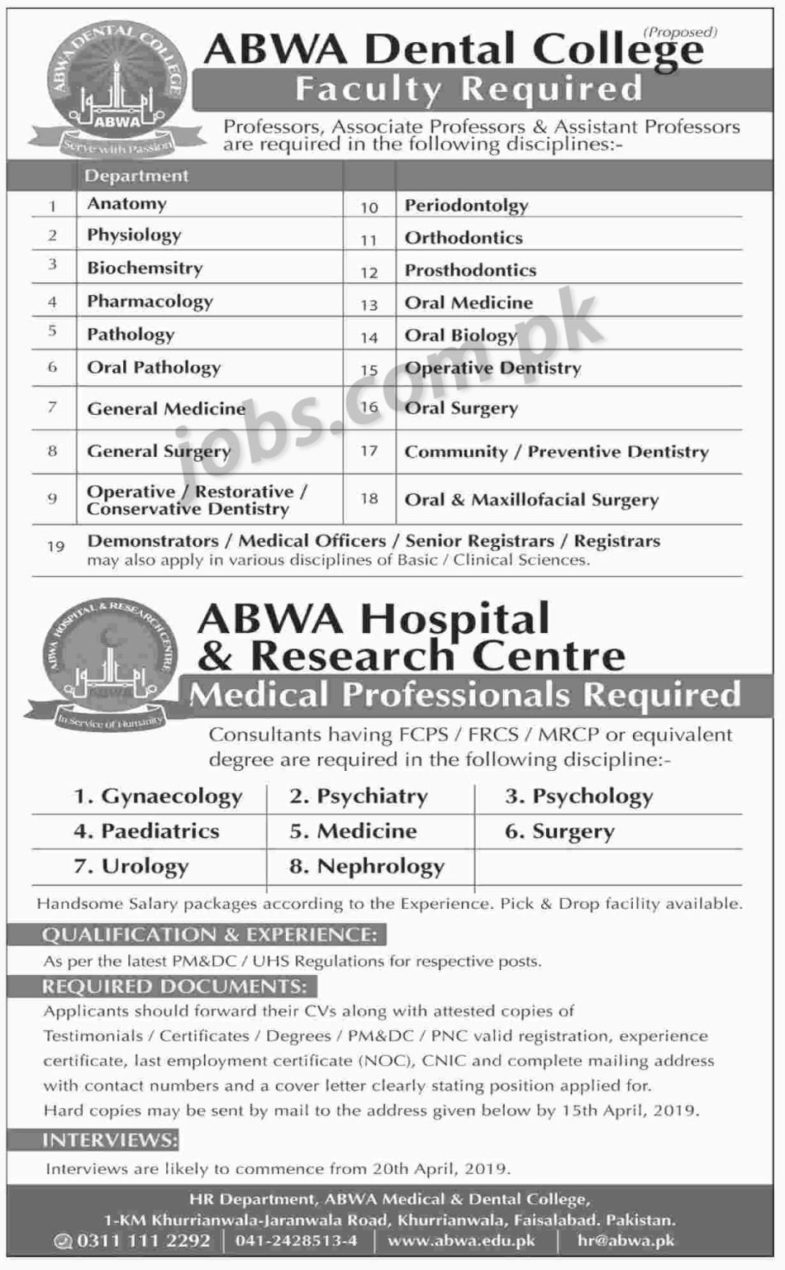 ABWA Dental College Jobs 2019 for Demonstrators, Medical Officers, Registrars & Teaching Faculty