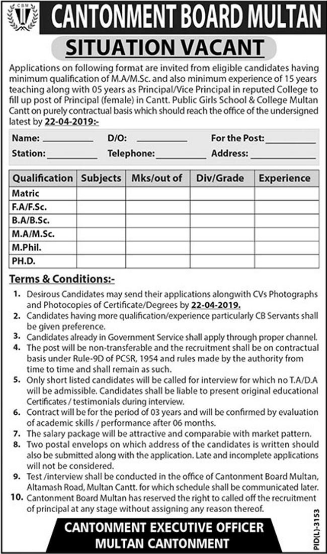 Cantonment Board Multan Jobs 2019 for Principal Post
