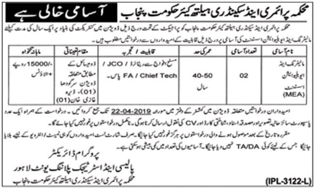 Primary & Secondary Healthcare Department Punjab Jobs 2019 for 2+ Monitoring & Evaluation Assistants (MEAs)