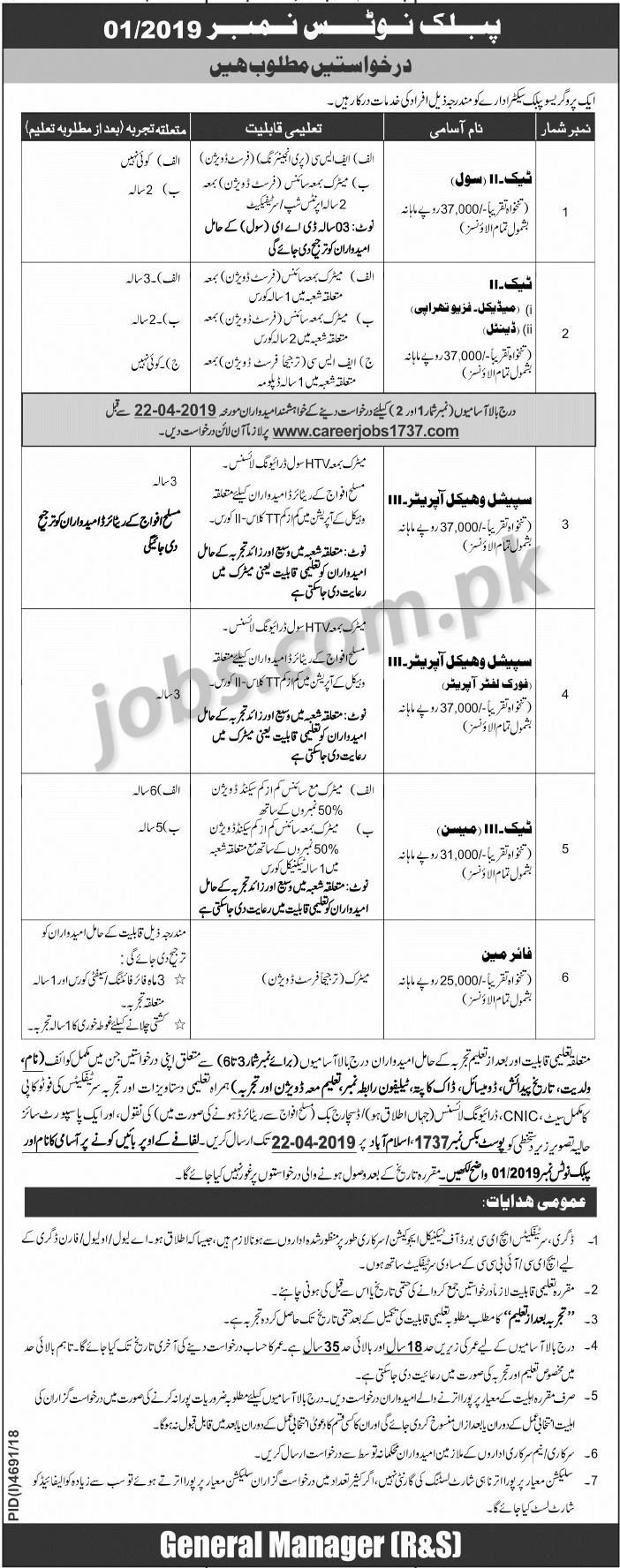 PO Box 1737 Federal Govt Organization Jobs 2019 for Tech-II / III, Fireman and Special Vehicle Operators