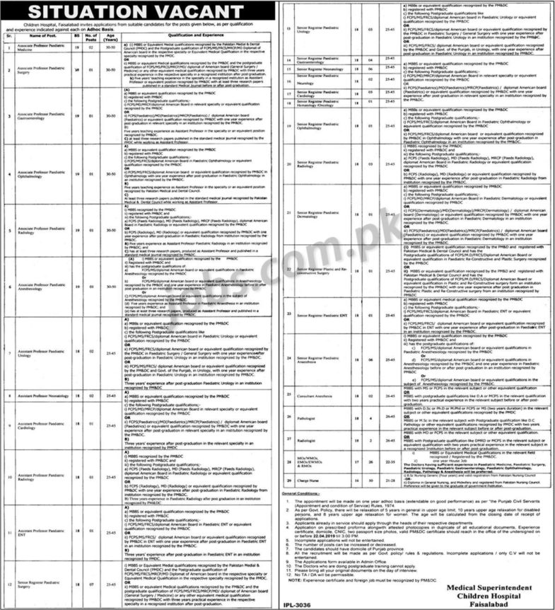 Children’s Hospital Jobs 2019 for 135+ Charge Nurses, Medical, Registrars & Teaching Faculty (Faisalabad)