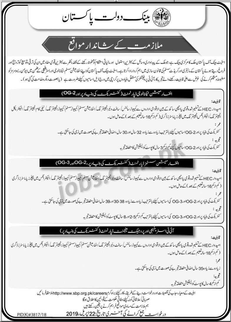 State Bank of Pakistan (SBP) Jobs 2019 for IT / OG-2 / OG-3 Officers