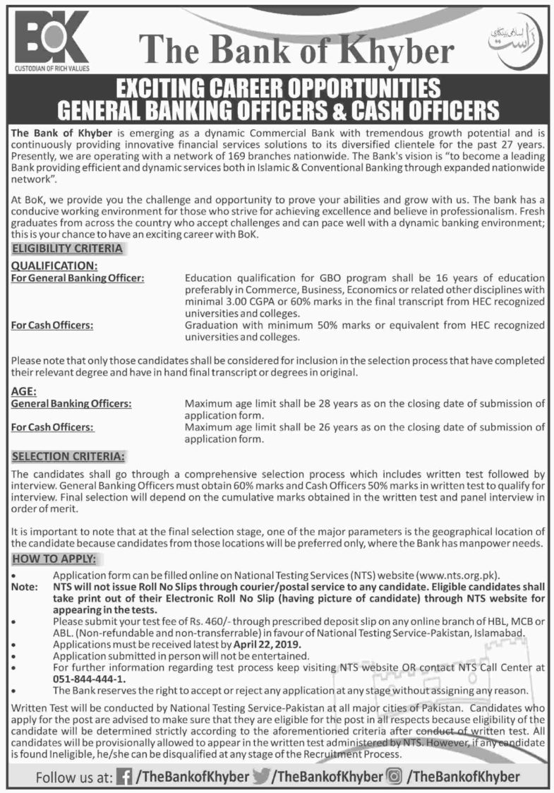 Bank of Khyber (BOK) Jobs 2019 for Cash Officers and General Banking Officers (All Pakistan) Download NTS Form