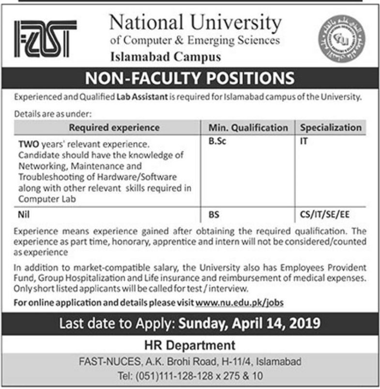 National University (Islamabad) Jobs 2019 for Lab Assistants / BSc / IT