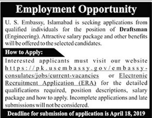 US Embassy Islamabad Jobs 2019 for Draftsman