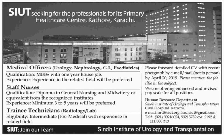 SIUT Jobs 2019 for Staff Nurses, Medical Officers and Trainee Technicians