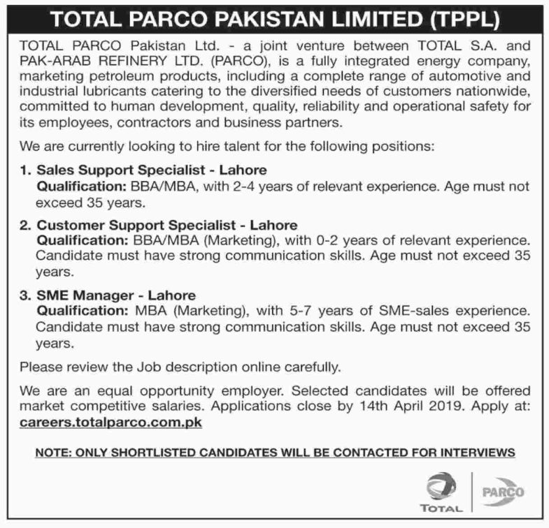 Total PARCO Jobs 2019 for SME Manager, Customer Support Specialist and Sales Support Specialists
