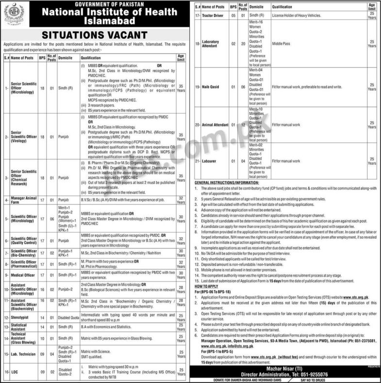 National Institute of Health (NIH) Islamabad Jobs 2019 for 71+ Stenotypist, LDC, Scientific Officers, Medical & Other Posts (Download OTS Form)