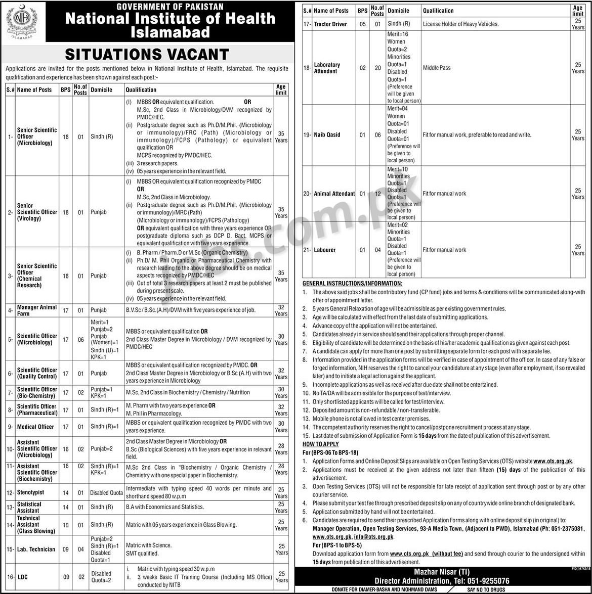National Institute of Health (NIH) Islamabad Jobs 2019 for 71+ Stenotypist, LDC, Scientific Officers, Medical & Other Posts (Download OTS Form)