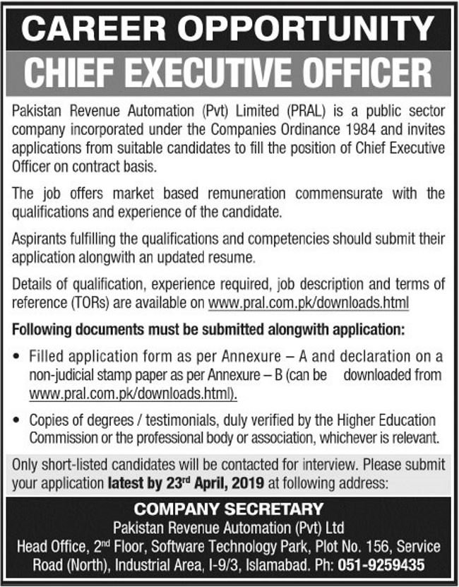 Pakistan Revenue Automation (PRAL) Jobs 2019 for Chief Executive Officer / CEO