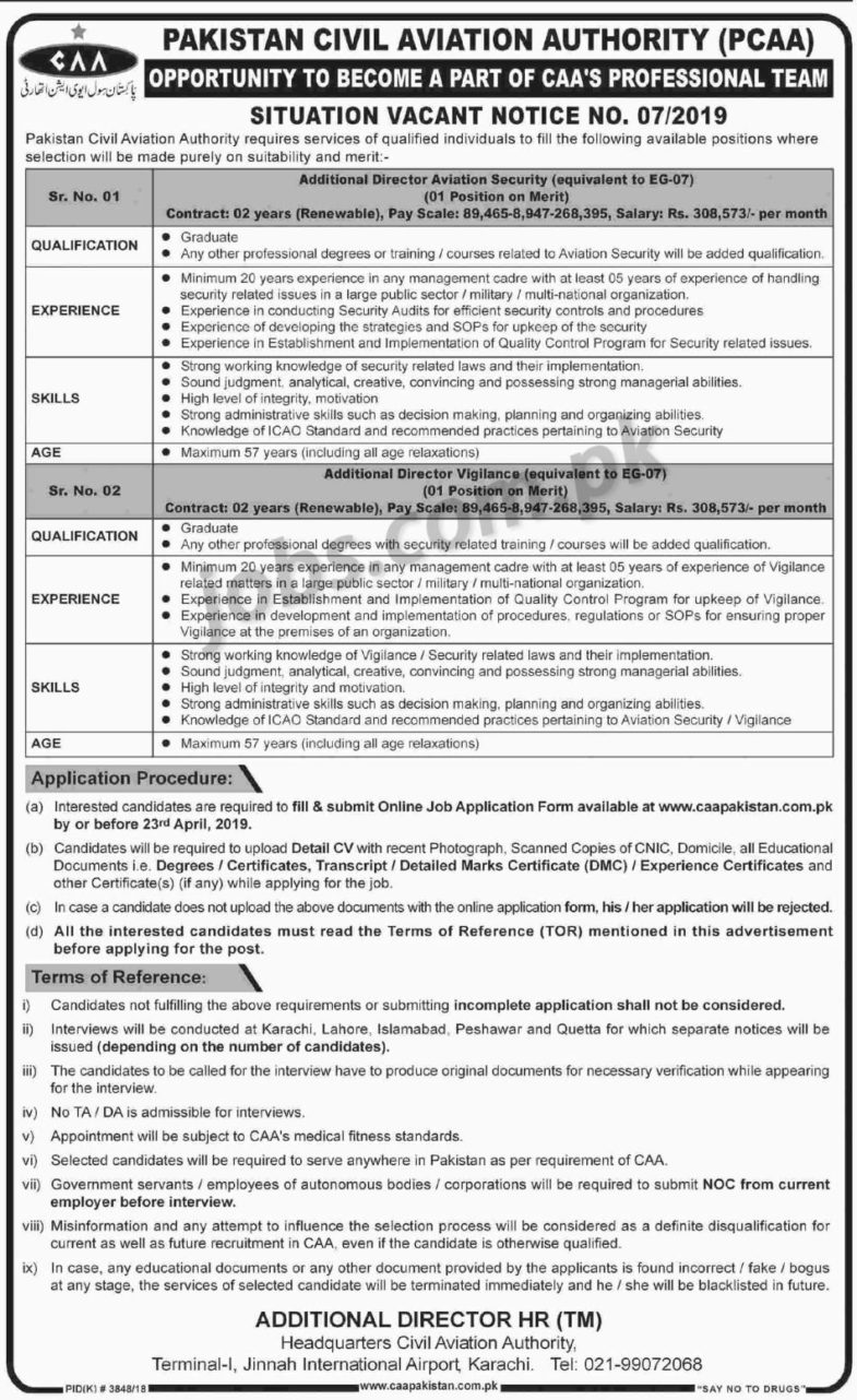 Pakistan Civil Aviation Authority (PCAA) Jobs 7/2019 for AD Aviation Security and Vigilance Posts