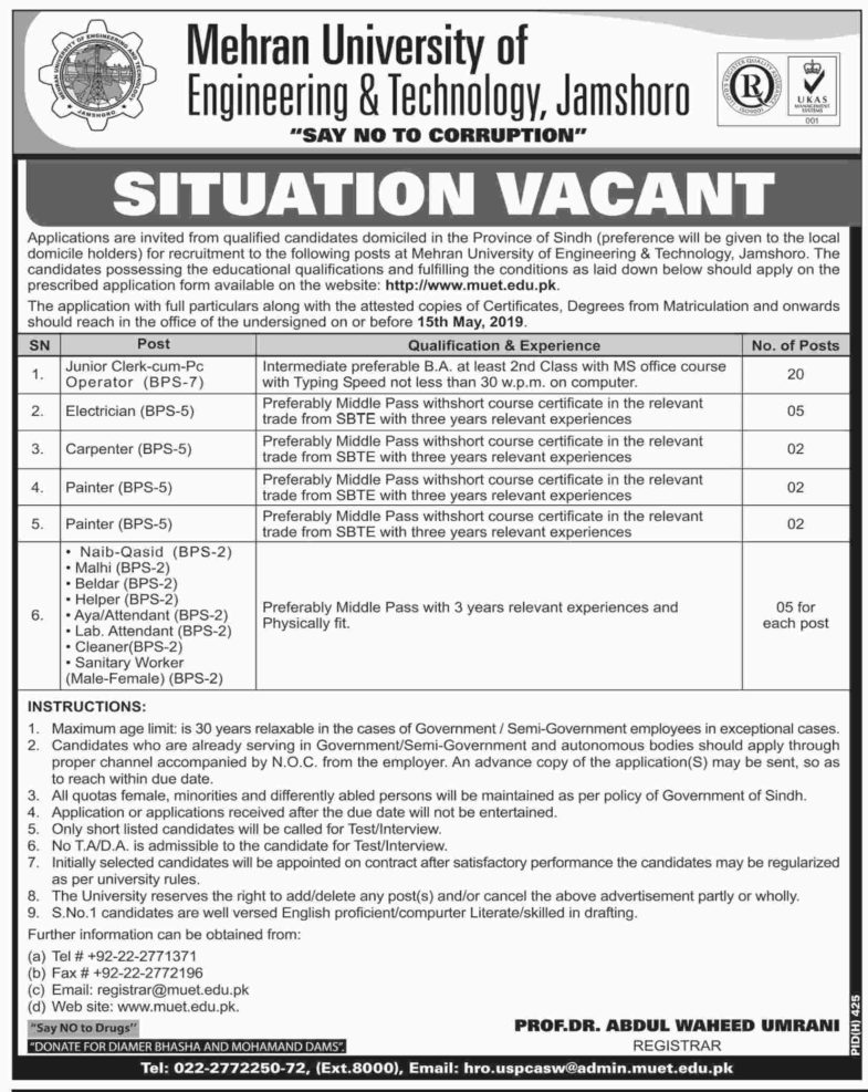 Mehran University of Engineering & Technology Jamshoro Jobs 2019 for 71+ Jr Clerks, Computer Operators, Skilled & Support Staff