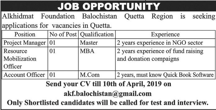 Alkhidmat Foundation Balochistan Jobs 2019 for Project Manager, Accounts Officer and Resource Mobilization Offer Posts
