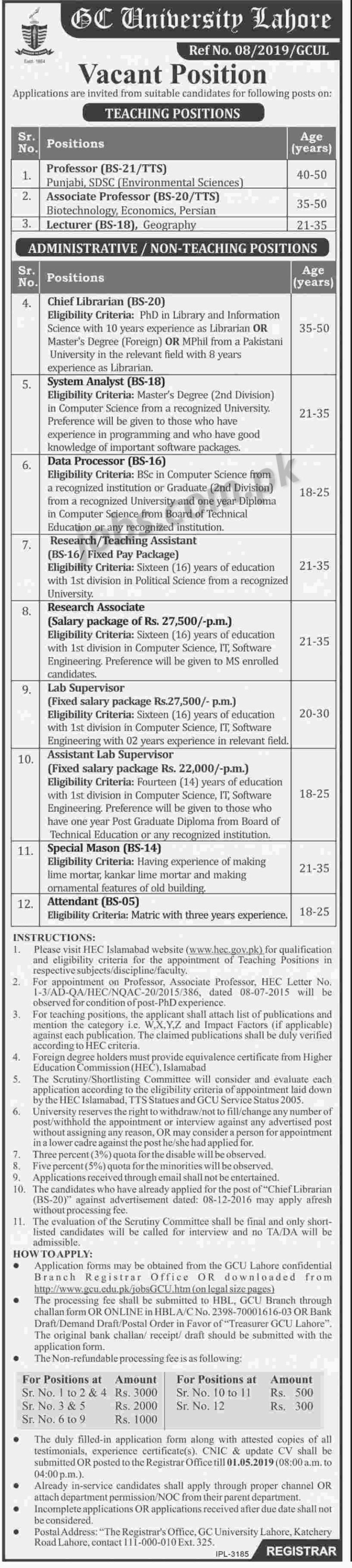 GC Univeristy Lahore Jobs 2019 for IT, Research, Library, Lab & Teaching Staff