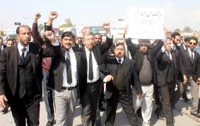 Rawalpindi District Bar lawyer's strike against establishment of model courts like all over Pakistan