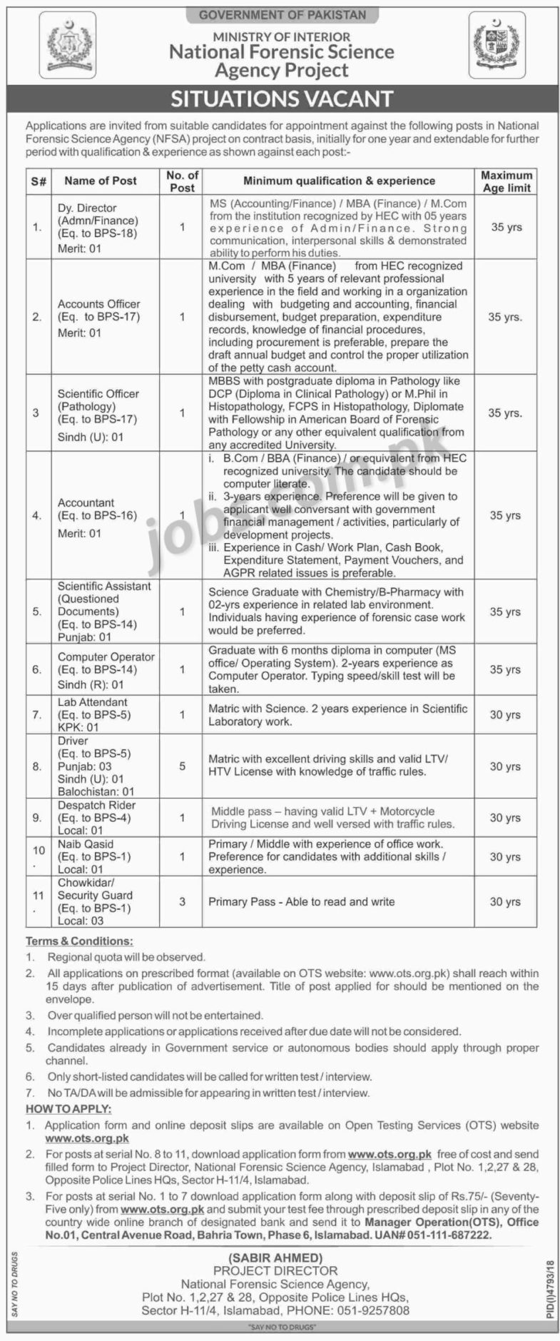 National Forensic Science Agency (NFSA) Jobs 2019 for 17+ Scientific Officer/Assistant, Accounts, Admin, Computer Operator & Support Staff
