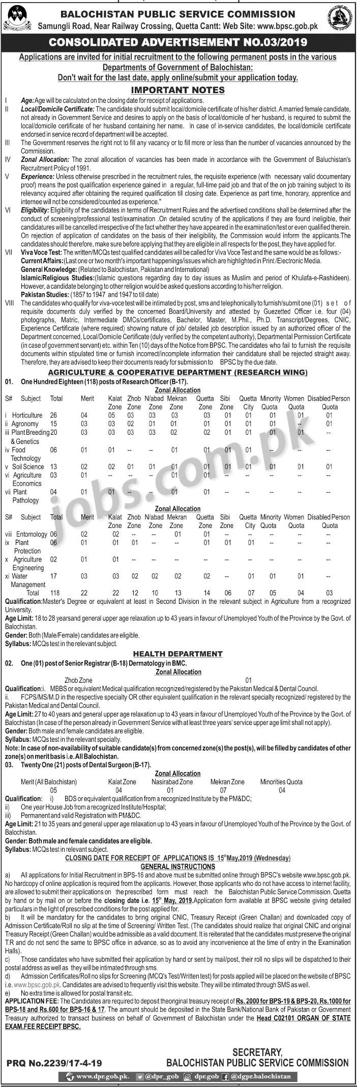 BPSC Jobs 3/2019: 140+ Research Officers and Medical Posts in Balochistan Govt