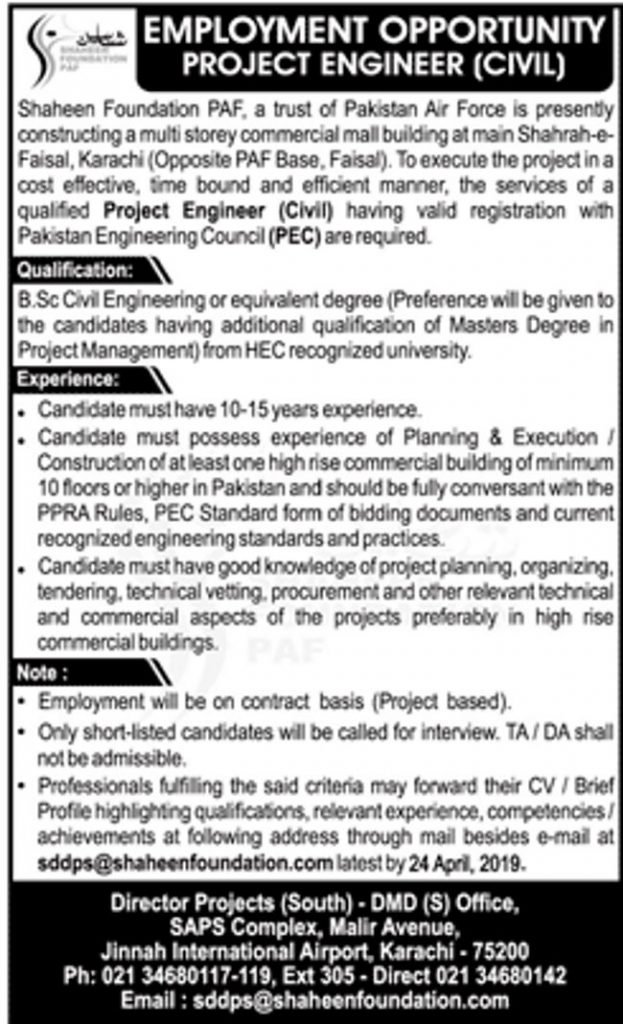 Shaheen Foundation (PAF) Jobs 2019 for Project Engineer