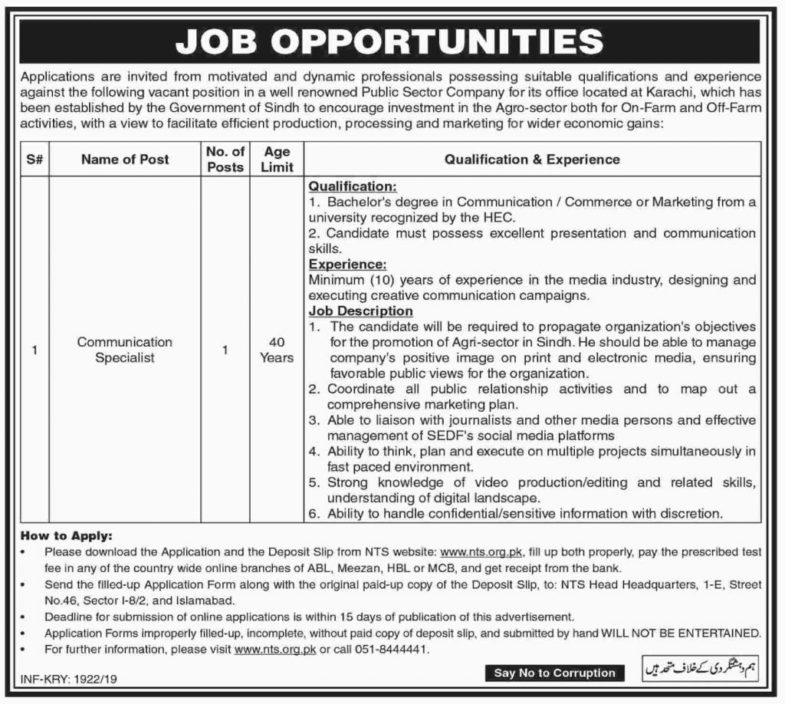 Public Sector Organization Sindh Jobs 2019 for Communication Specialists (Download NTS Form)