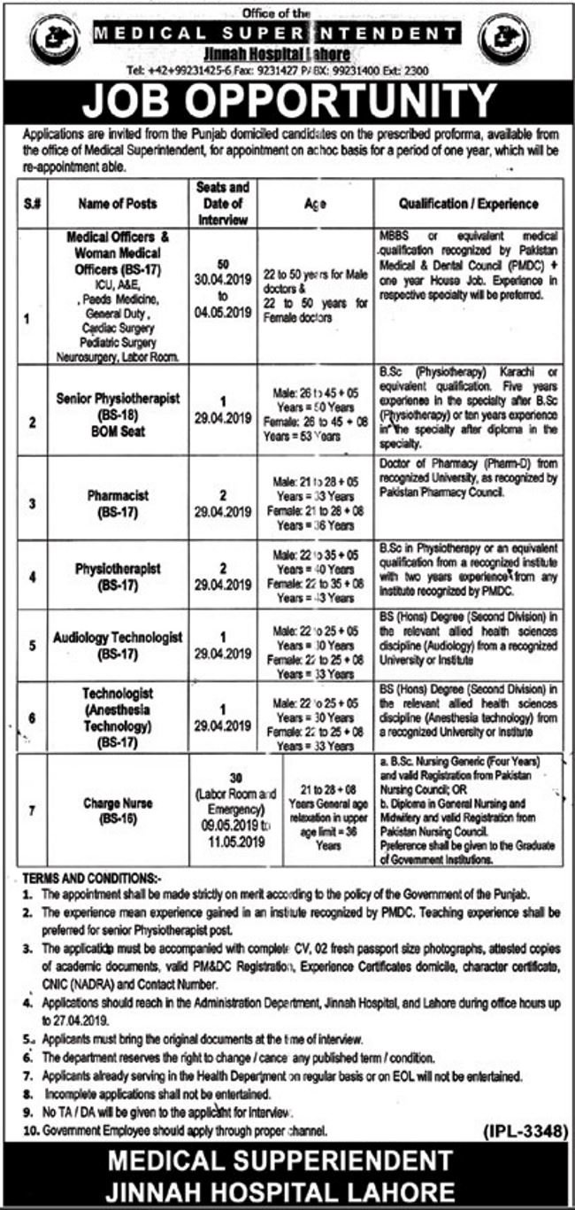 Jinnah Hospital Lahore Jobs 2019 for 87+ Medical Officers, Charge Nurses, Pharmacist and Paramedic Staff